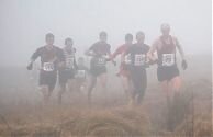 A misty lead group at the Winter Hill race